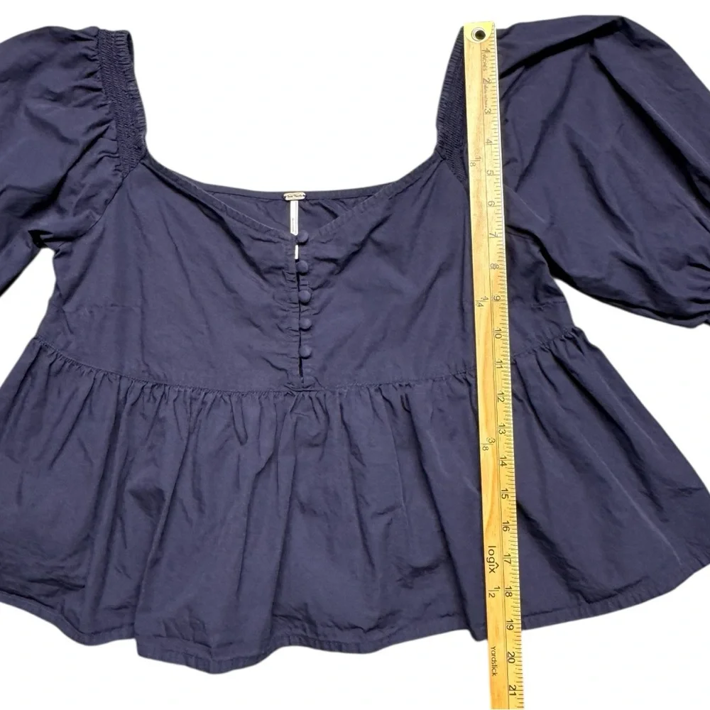 Free People Veronica Navy Blue Puff Sleeve Peplum Crop Top in Night Sky Sz Small